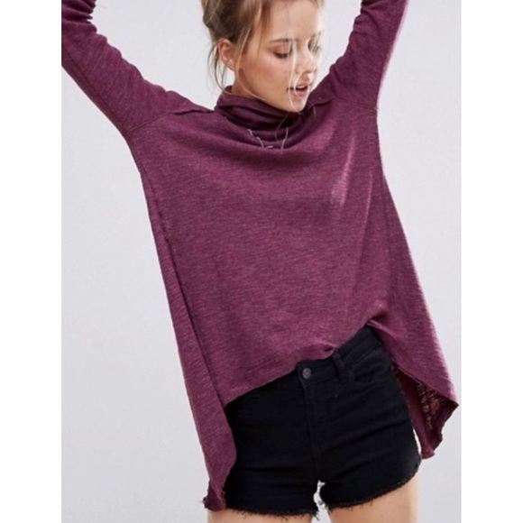 Free People We The Free Lover Split‎ Back Ribbed Turtleneck Sweater, Plum - S - Picture 2 of 9